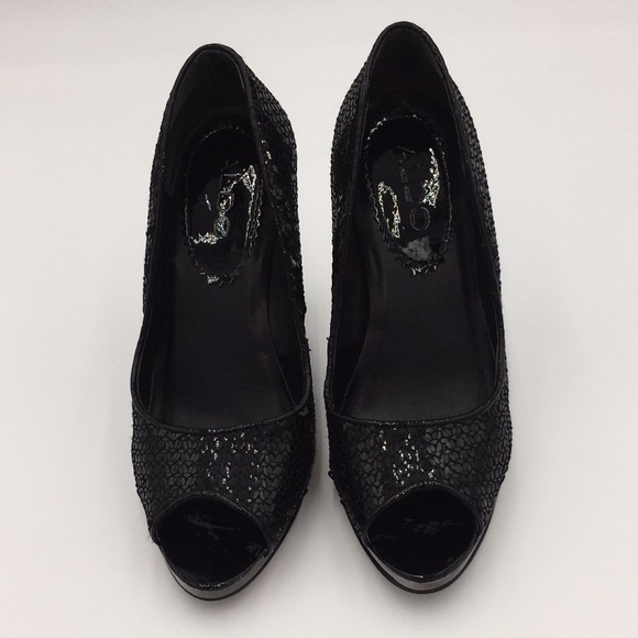Aldo Ladies Black Sequin High Heels Pumps Open Toe Size 5.5 - Picture 2 of 11